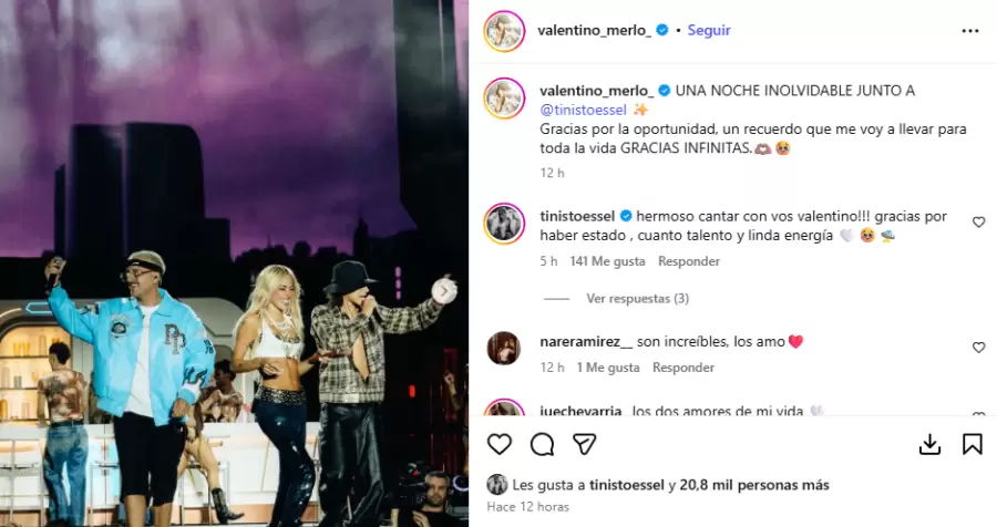 Valentino Merlo expresando lo que sinti� con Tini