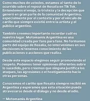 Comunicado club de fans de Rosalia